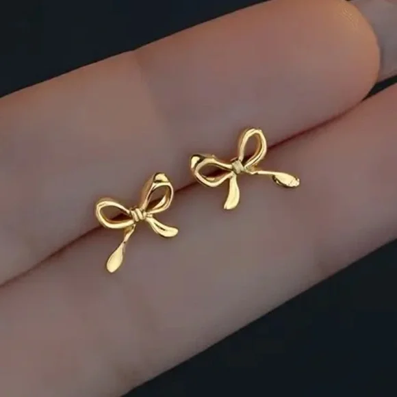 Delicate Dainty Bow Gold Toned Stud Earrings - Picture 1 of 3